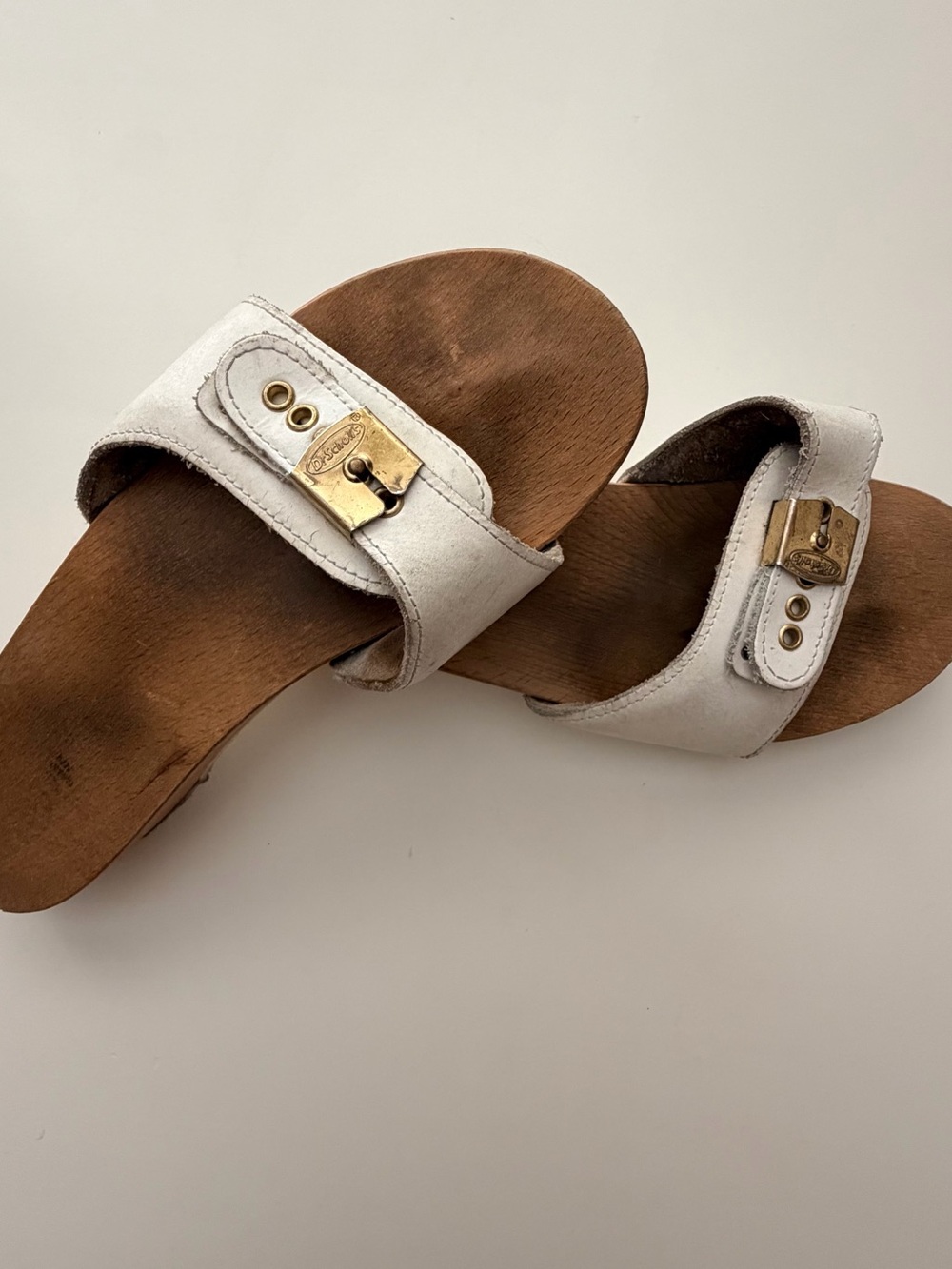 Dr. Scholl's Original Style White Slide Sandals with Gold Buckles